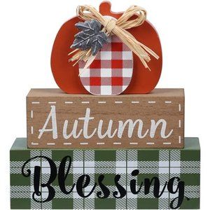 Thanksgiving Decorations for Home, Large Size 3-Layered Wood Block with Pumpkin